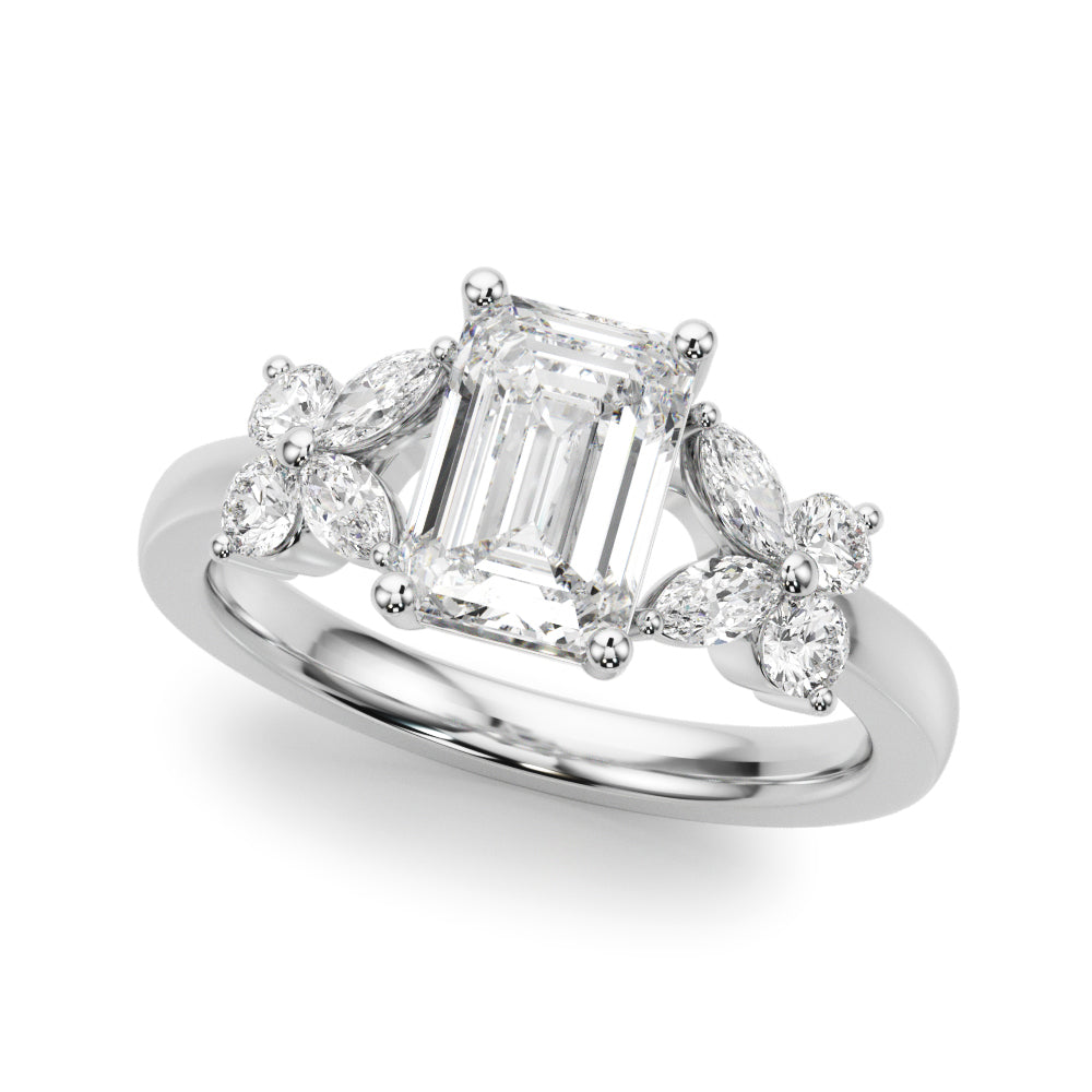 Crowned Ec Center Mq & Rd Sides Emerald Diamond Engagement Ring — 9K/18K Gold & Platinum