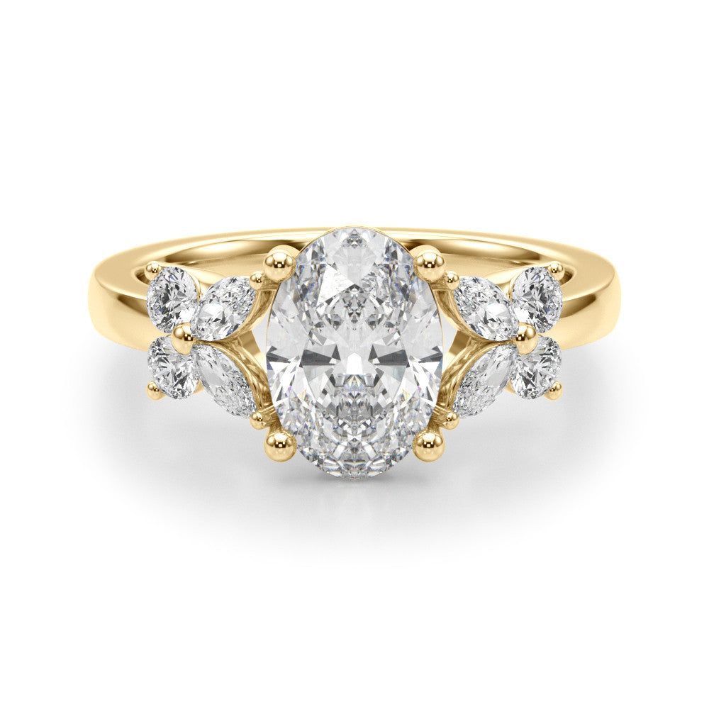 Romantic Ov Center Mq & Rd Sides Oval Diamond Engagement Ring — 9K/18K Gold & Platinum