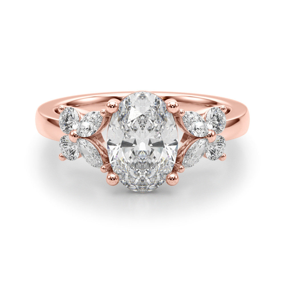 Romantic Ov Center Mq & Rd Sides Oval Diamond Engagement Ring — 9K/18K Gold & Platinum
