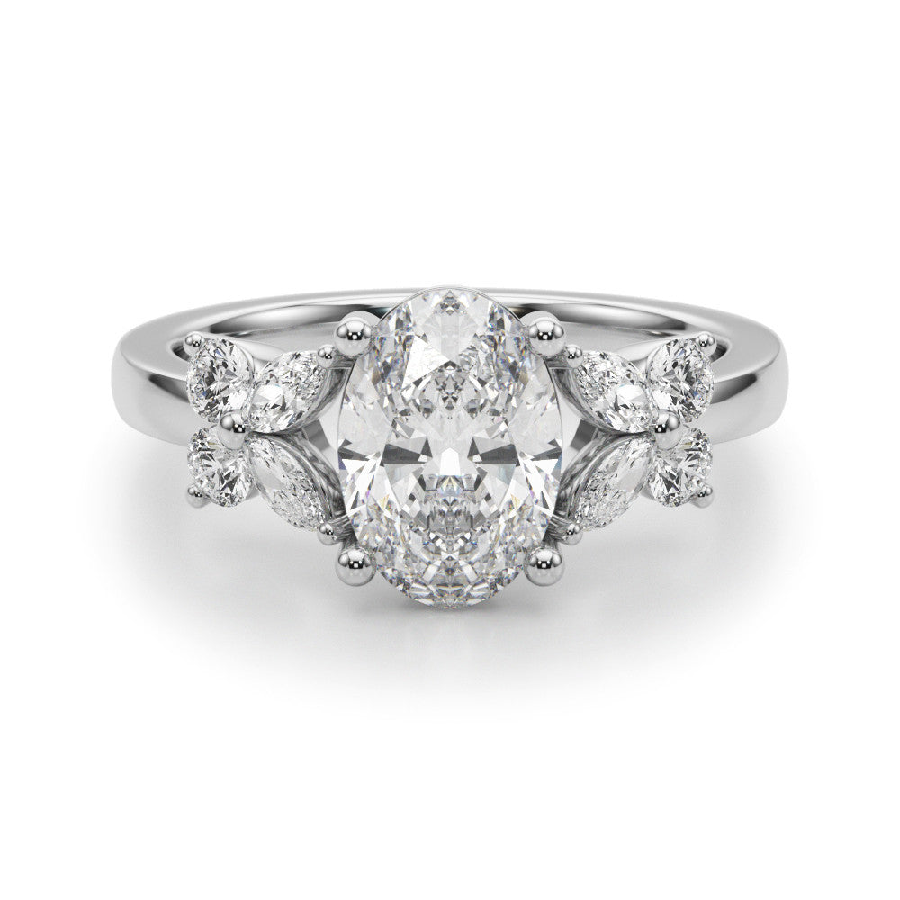 Romantic Ov Center Mq & Rd Sides Oval Diamond Engagement Ring — 9K/18K Gold & Platinum
