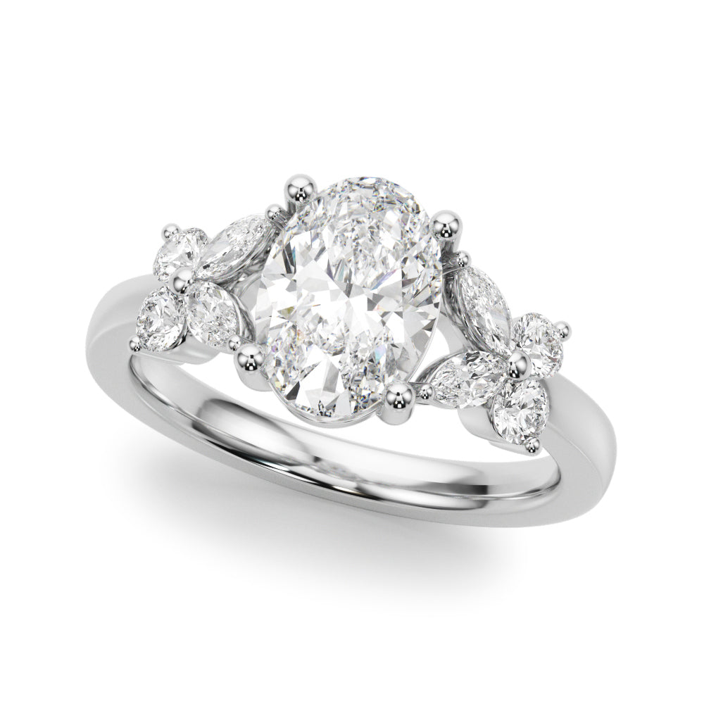 Romantic Ov Center Mq & Rd Sides Oval Diamond Engagement Ring — 9K/18K Gold & Platinum
