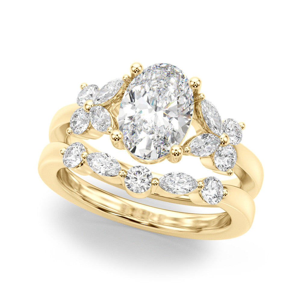 Romantic Ov Center Mq & Rd Sides Oval Diamond Engagement Ring — 9K/18K Gold & Platinum