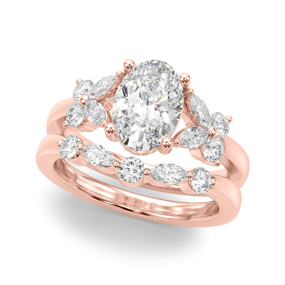 Romantic Ov Center Mq & Rd Sides Oval Diamond Engagement Ring — 9K/18K Gold & Platinum
