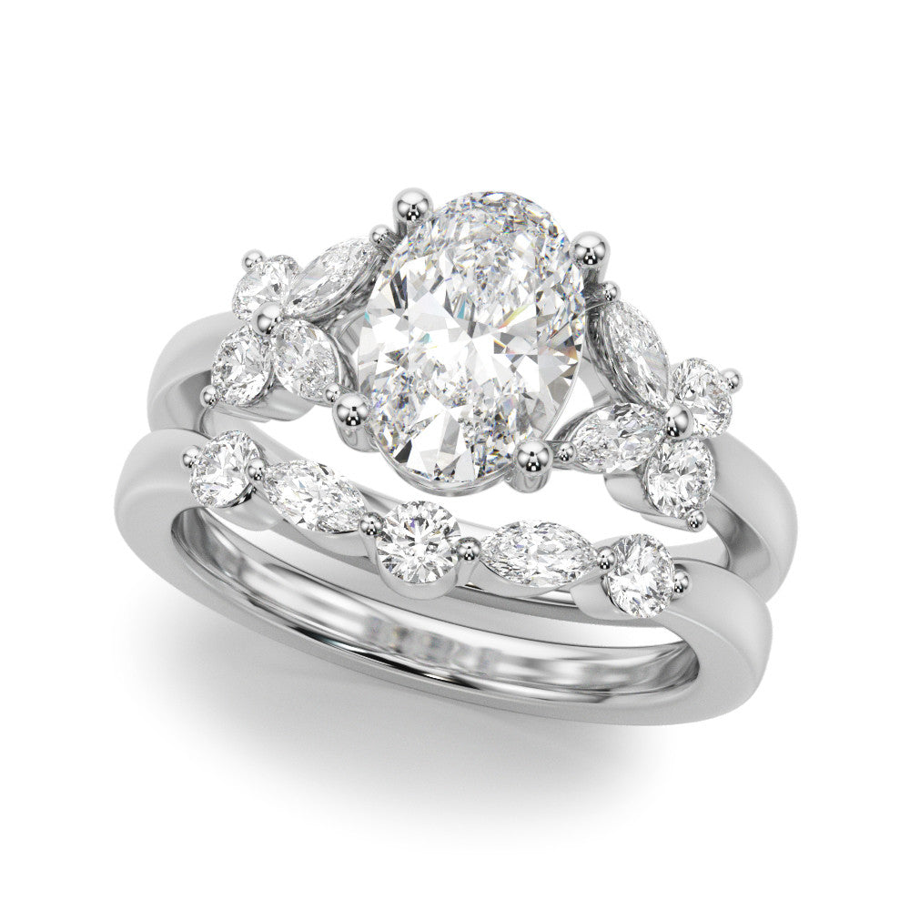 Romantic Ov Center Mq & Rd Sides Oval Diamond Engagement Ring — 9K/18K Gold & Platinum