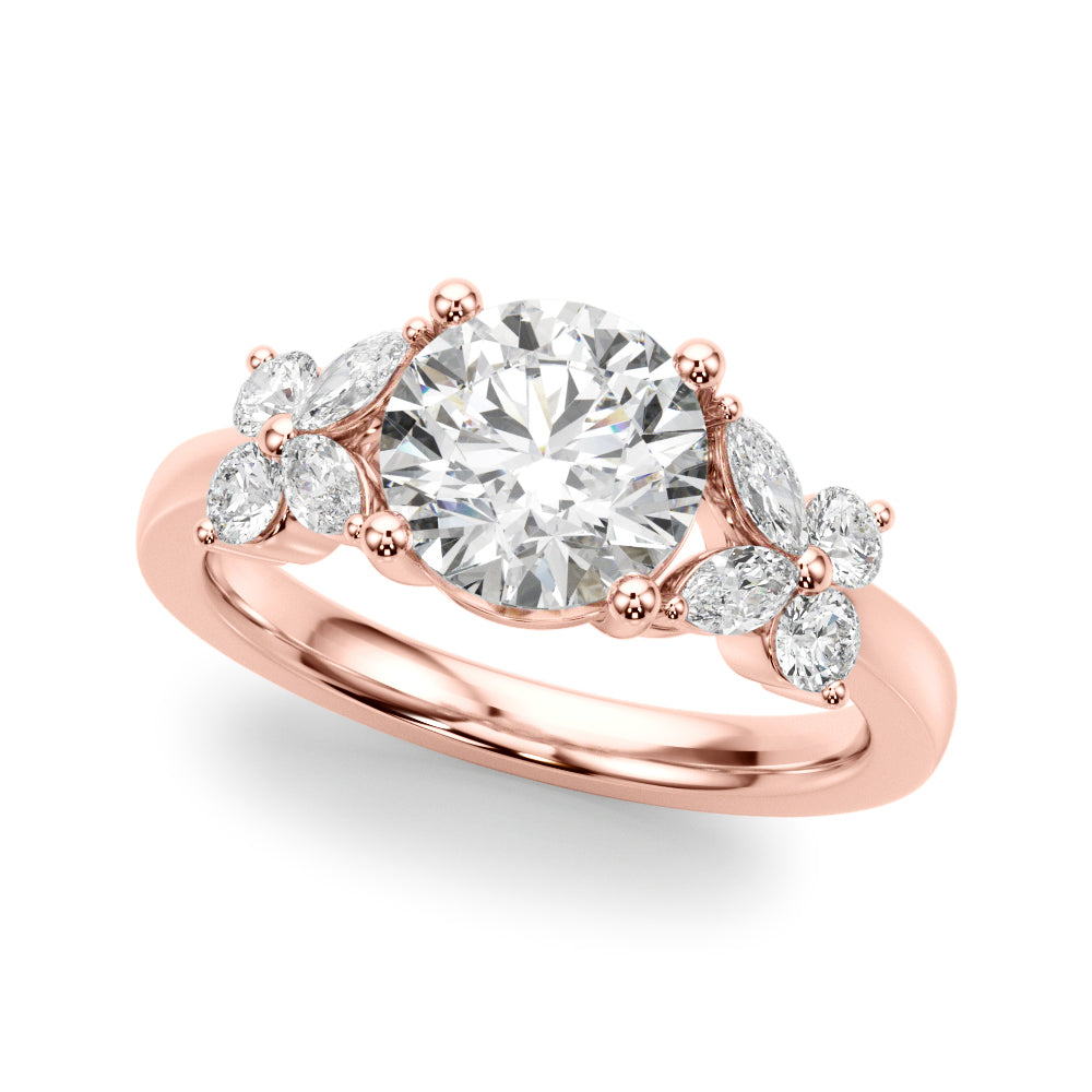 Graceful Rd Center Mq & Rd Sides Round Diamond Engagement Ring — 9K/18K Gold & Platinum