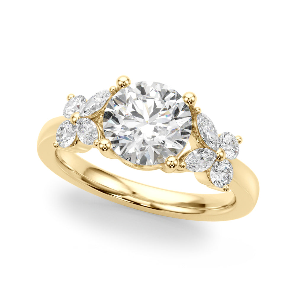 Graceful Rd Center Mq & Rd Sides Round Diamond Engagement Ring — 9K/18K Gold & Platinum