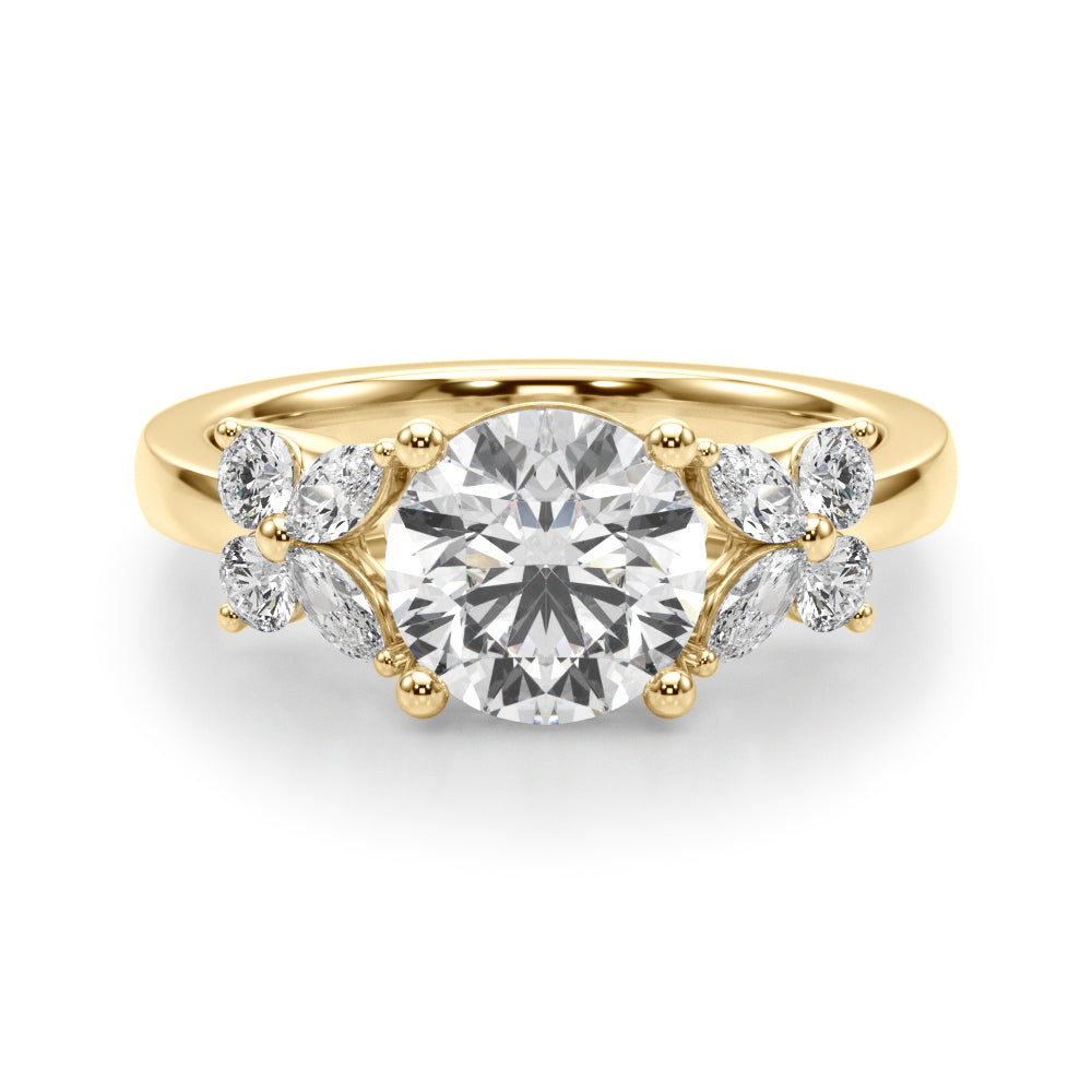 Graceful Rd Center Mq & Rd Sides Round Diamond Engagement Ring — 9K/18K Gold & Platinum