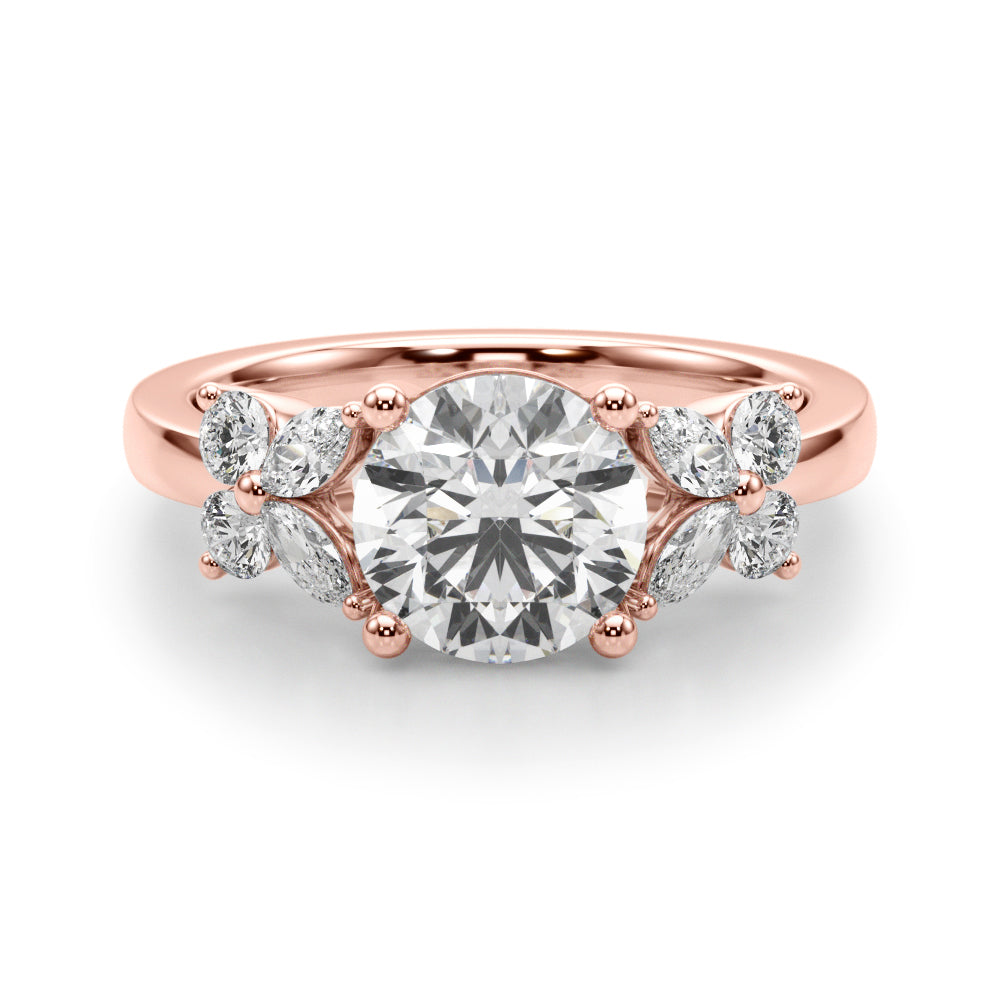 Graceful Rd Center Mq & Rd Sides Round Diamond Engagement Ring — 9K/18K Gold & Platinum