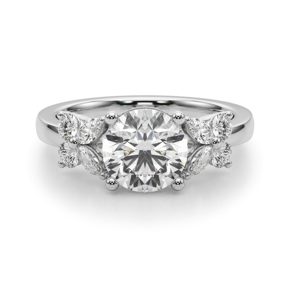 Graceful Rd Center Mq & Rd Sides Round Diamond Engagement Ring — 9K/18K Gold & Platinum