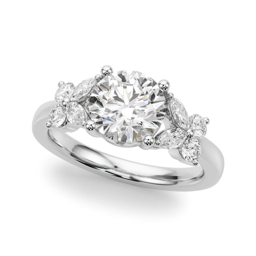 Graceful Rd Center Mq & Rd Sides Round Diamond Engagement Ring — 9K/18K Gold & Platinum