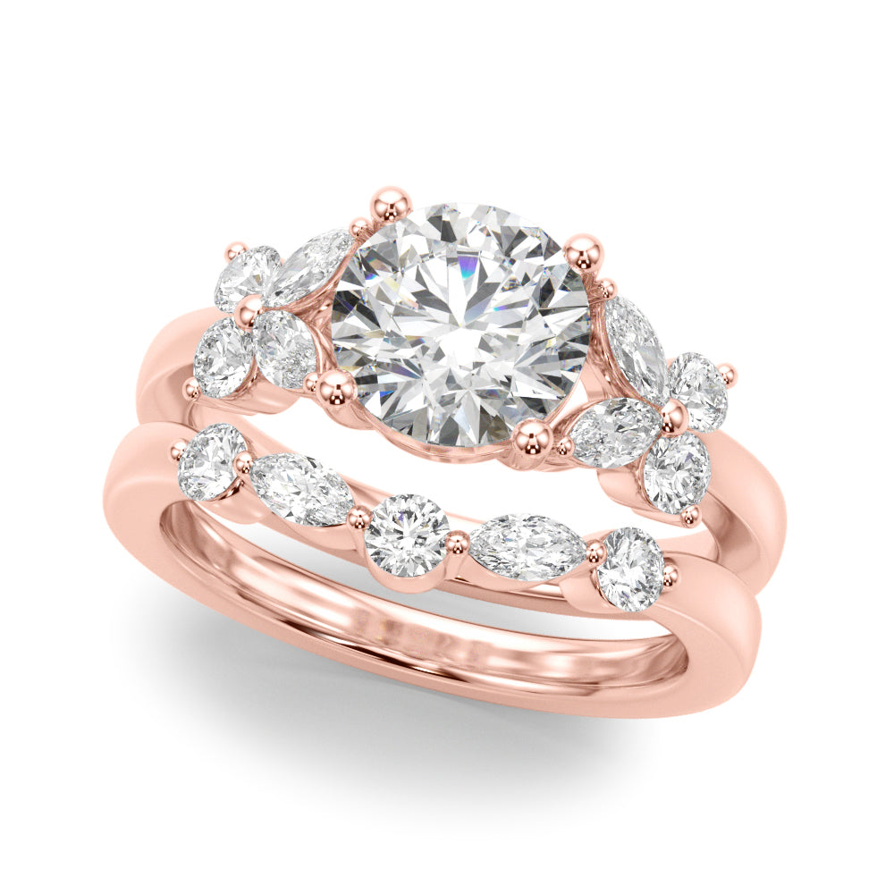 Graceful Rd Center Mq & Rd Sides Round Diamond Engagement Ring — 9K/18K Gold & Platinum