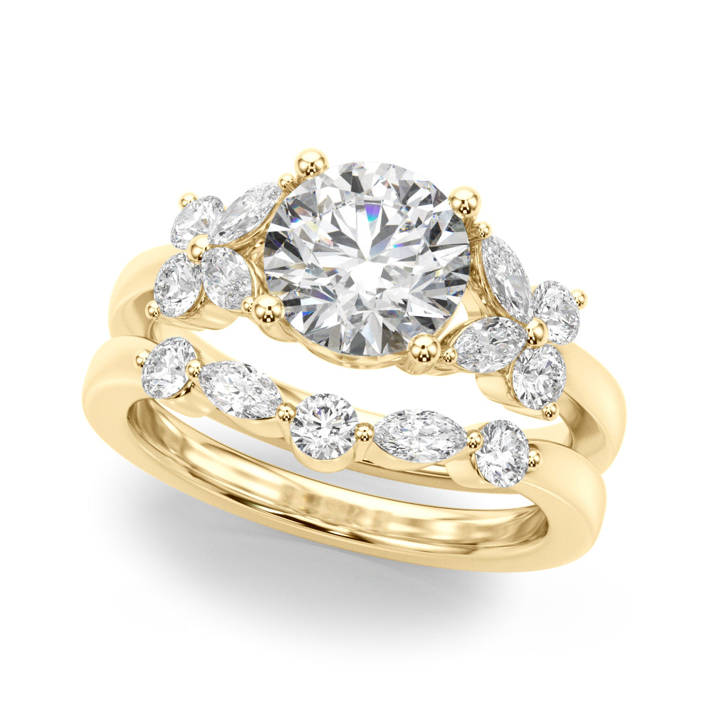 Graceful Rd Center Mq & Rd Sides Round Diamond Engagement Ring — 9K/18K Gold & Platinum