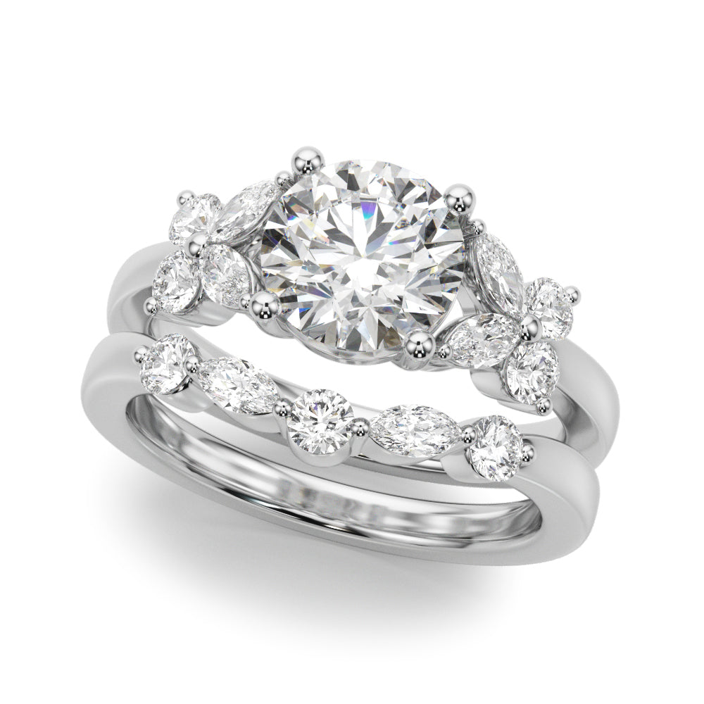 Graceful Rd Center Mq & Rd Sides Round Diamond Engagement Ring — 9K/18K Gold & Platinum