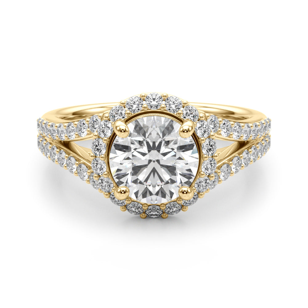 Pristine Halo Rd Center Split Shank Round Diamond Engagement Ring — 9K/18K Gold & Platinum