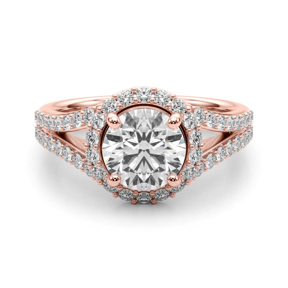 Pristine Halo Rd Center Split Shank Round Diamond Engagement Ring — 9K/18K Gold & Platinum