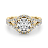 Pristine Halo Rd Center Split Shank Round Diamond Engagement Ring — 9K/18K Gold & Platinum