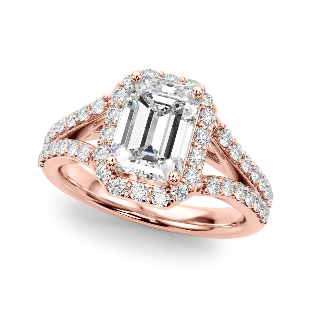 Devoted Halo Ec Center Split Shank Emerald Diamond Engagement Ring — 9K/18K Gold & Platinum