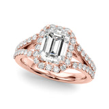 Devoted Halo Ec Center Split Shank Emerald Diamond Engagement Ring — 9K/18K Gold & Platinum