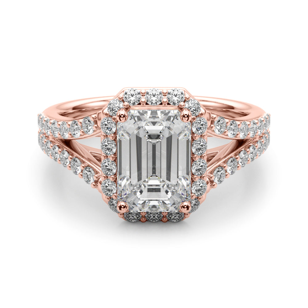 Devoted Halo Ec Center Split Shank Emerald Diamond Engagement Ring — 9K/18K Gold & Platinum