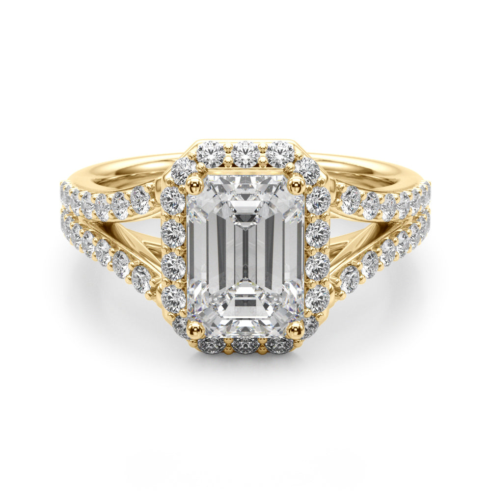 Devoted Halo Ec Center Split Shank Emerald Diamond Engagement Ring — 9K/18K Gold & Platinum