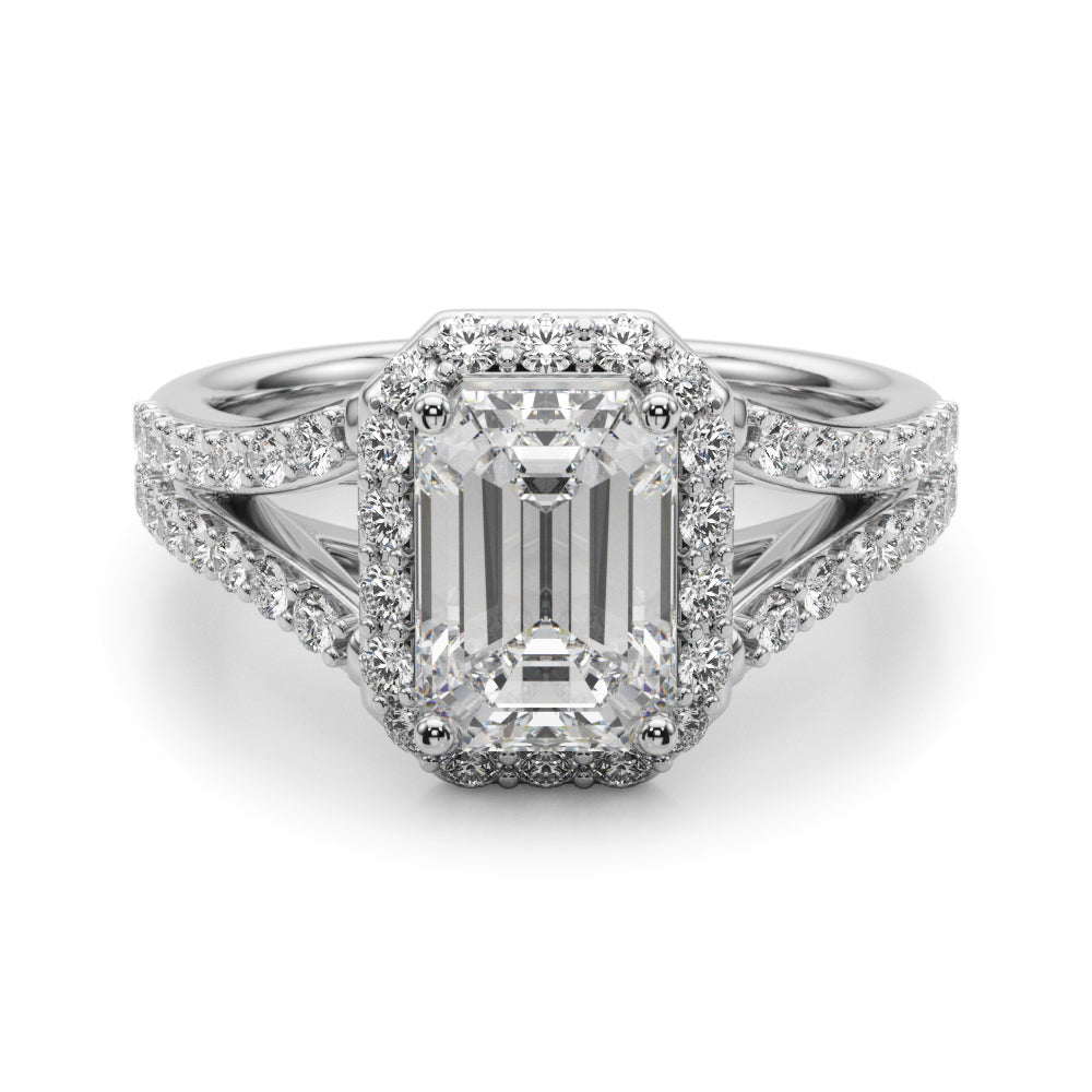 Devoted Halo Ec Center Split Shank Emerald Diamond Engagement Ring — 9K/18K Gold & Platinum