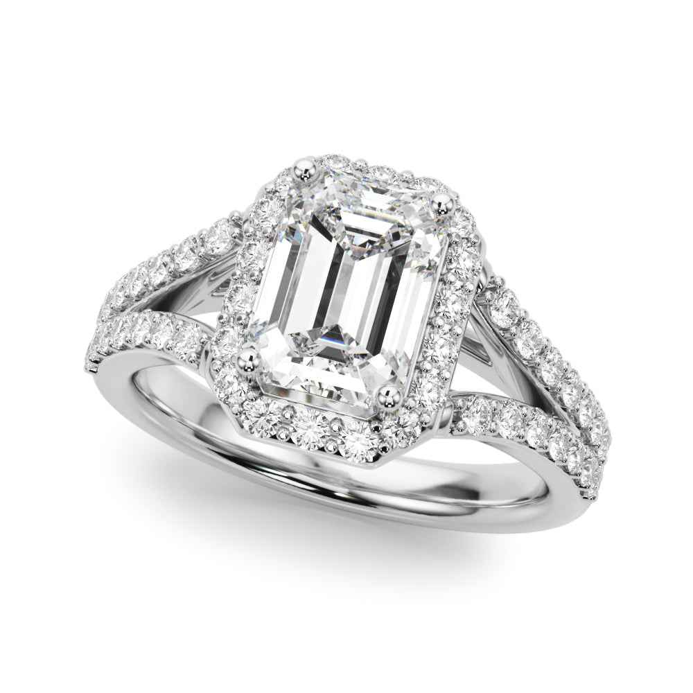 Devoted Halo Ec Center Split Shank Emerald Diamond Engagement Ring — 9K/18K Gold & Platinum