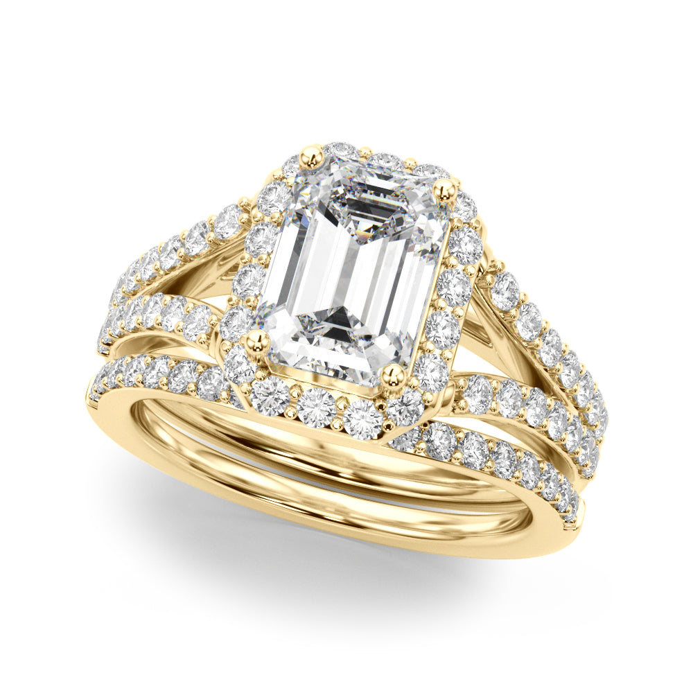 Devoted Halo Ec Center Split Shank Emerald Diamond Engagement Ring — 9K/18K Gold & Platinum