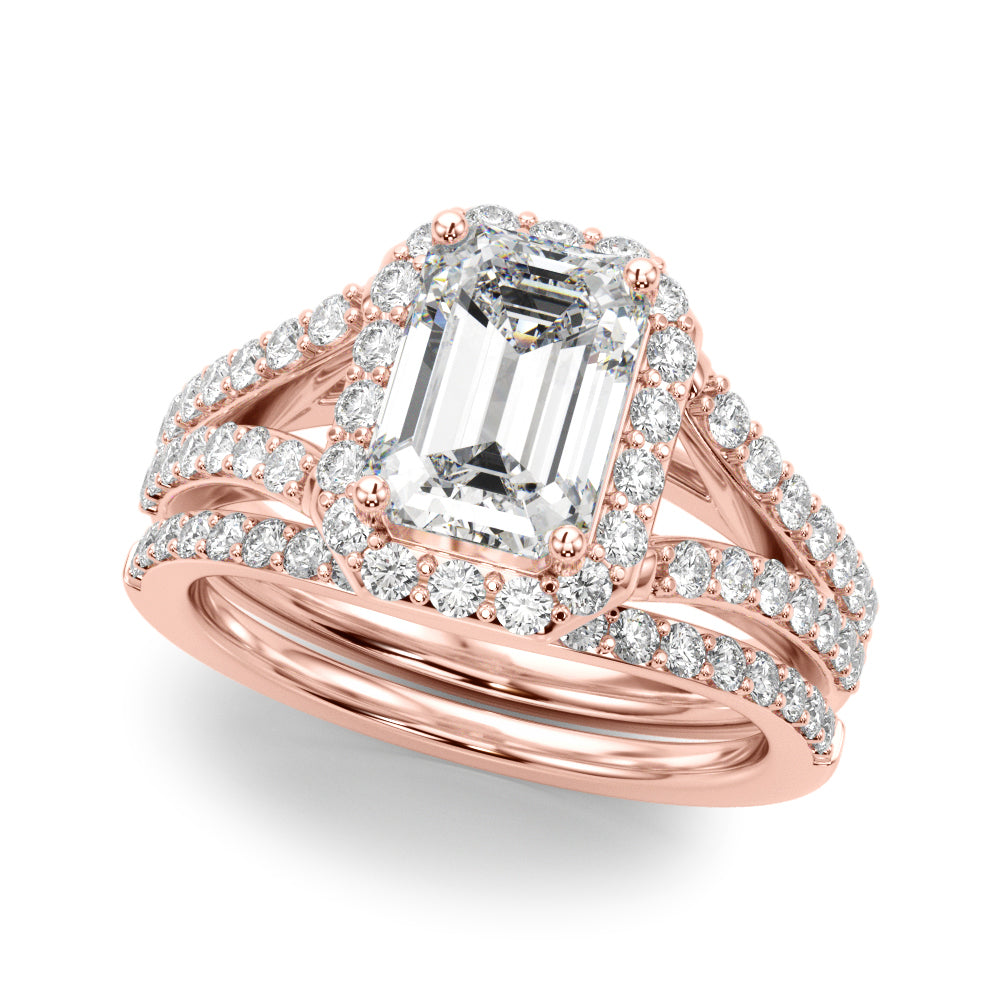 Devoted Halo Ec Center Split Shank Emerald Diamond Engagement Ring — 9K/18K Gold & Platinum