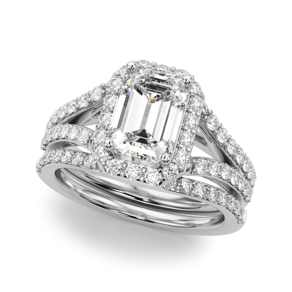 Devoted Halo Ec Center Split Shank Emerald Diamond Engagement Ring — 9K/18K Gold & Platinum