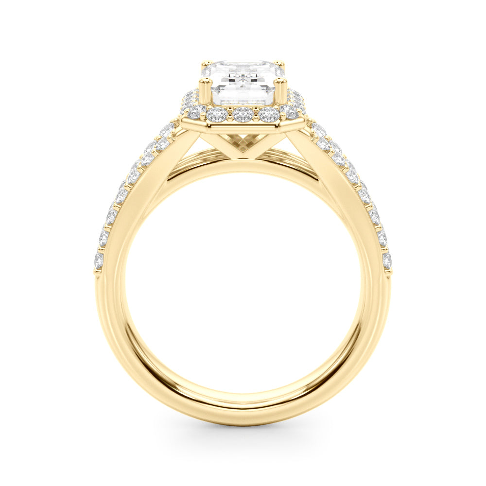 Devoted Halo Ec Center Split Shank Emerald Diamond Engagement Ring — 9K/18K Gold & Platinum