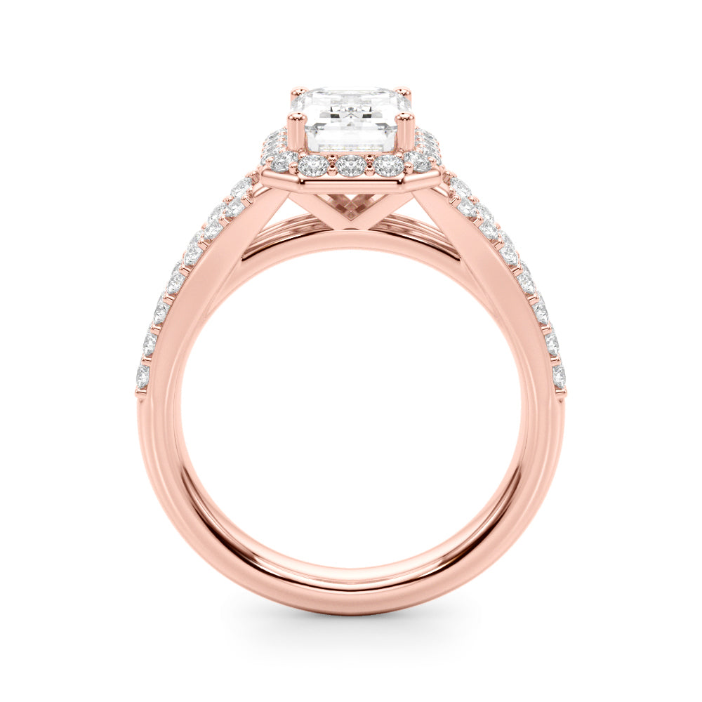 Devoted Halo Ec Center Split Shank Emerald Diamond Engagement Ring — 9K/18K Gold & Platinum