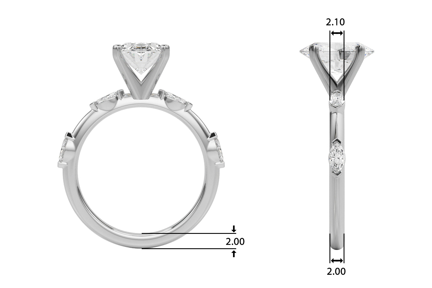 Sculpted Sidestone Marquise Diamond Engagement Ring — 9K/18K Gold & Platinum
