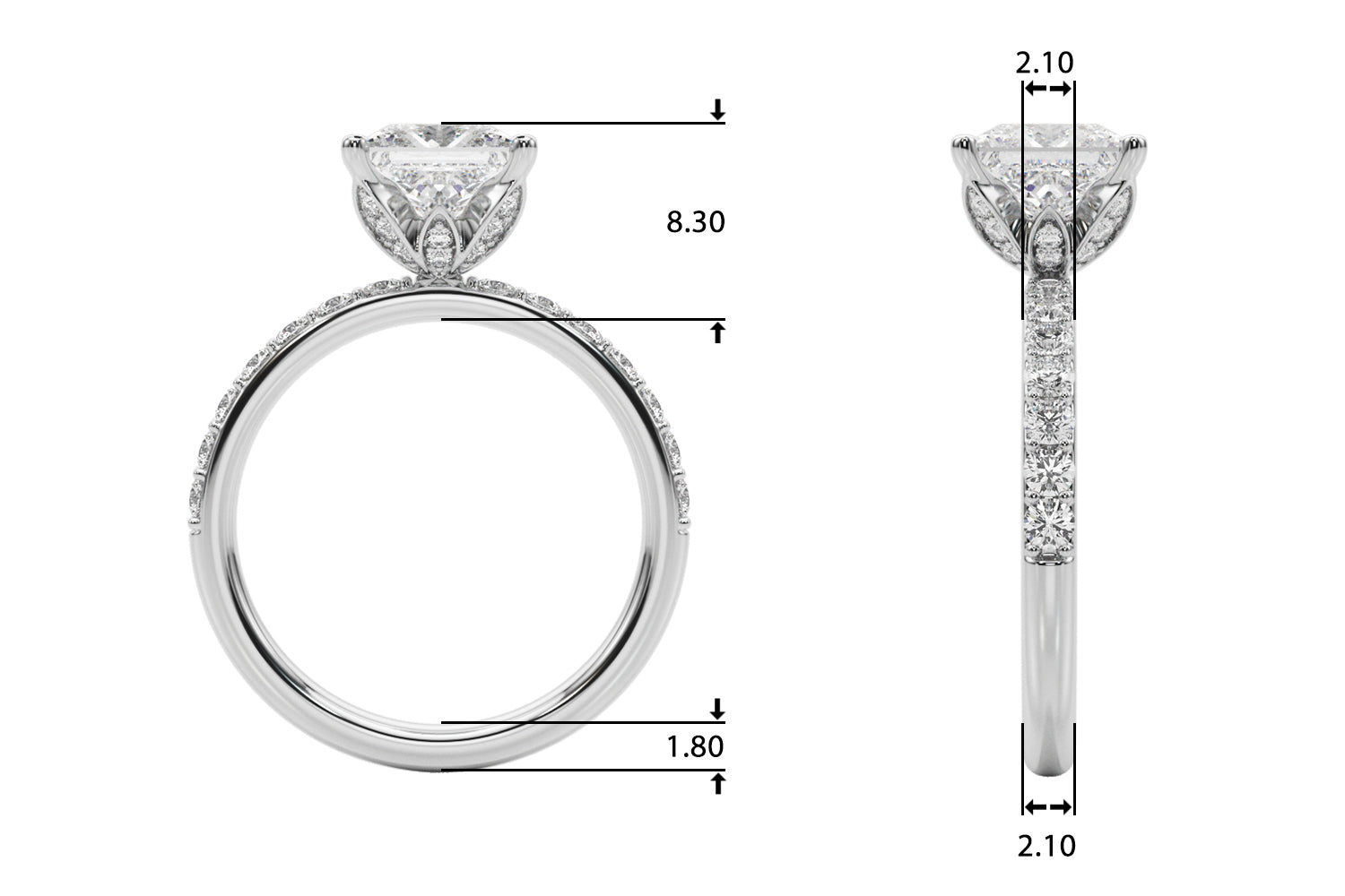Crowned Sidestone Princess Diamond Engagement Ring — 9K/18K Gold & Platinum