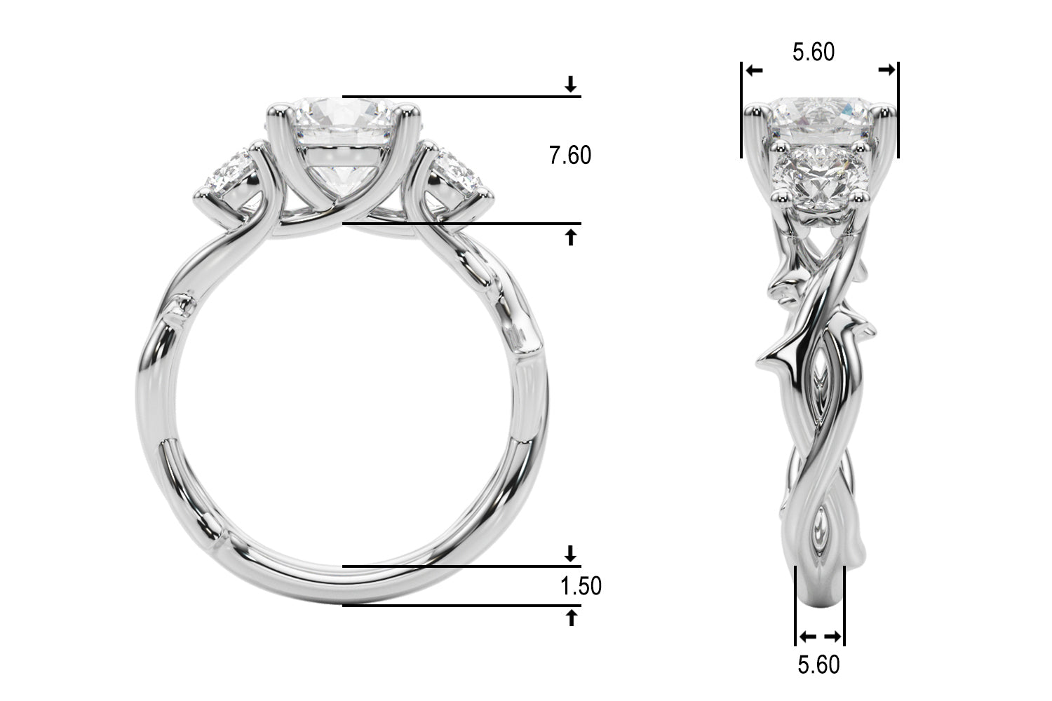 Regal Three-Stone Ring With Twisted Shank Round Diamond Engagement Ring — 9K/18K Gold & Platinum