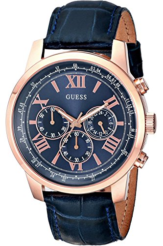 Guess Herren-Chronograph mit blauem Zifferblatt, roségoldfarbenem Gehäuse und Lederarmband