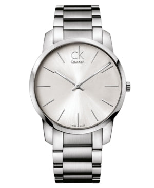Calvin Klein watch with silver metal band on a white background
