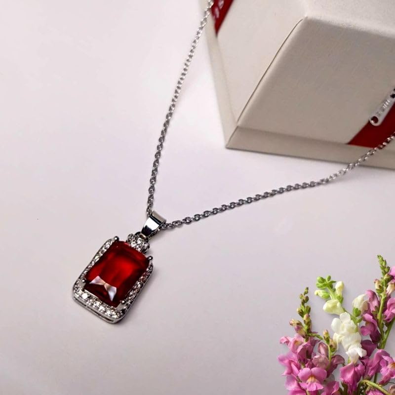 Lab Ruby And Diamond Halo Octagon Cut Necklace In Silver