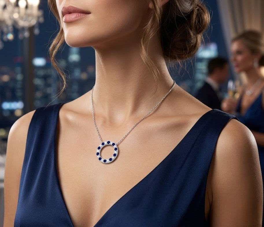 Luxury Sapphire Diamond Circle Pendant Necklace in Gold & Platinum