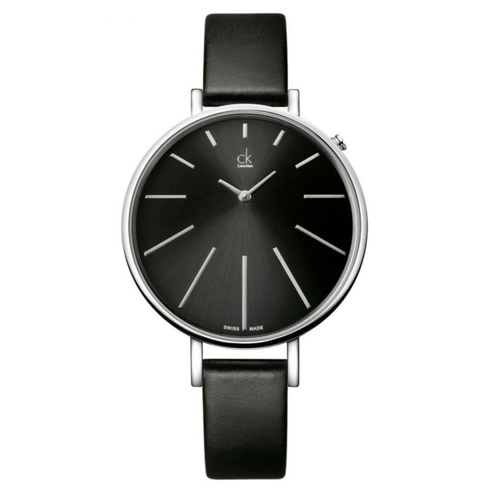 Calvin Klein Equal Black Leather Watch K3E231C1 Stainless Steel