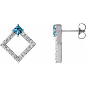 Aquamarine & Diamond Square Geometric Stud Earrings in Gold and Platinum