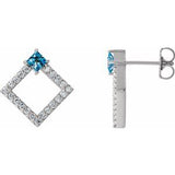 Aquamarine & Diamond Square Geometric Stud Earrings in Gold and Platinum