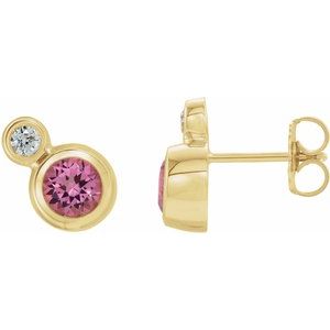 Pink Tourmaline & Diamond Round Bezel-Set Stud Earrings in Gold and Platinum