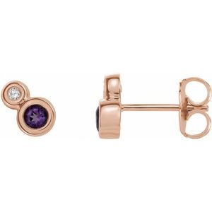 Amethyst & Diamond Round Bezel-Set Stud Earrings in Gold and Platinum