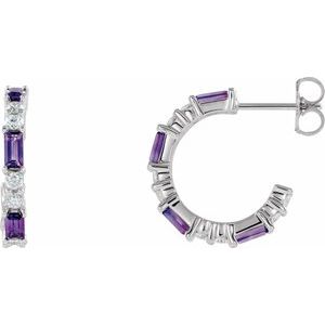 Amethyst & Diamond Baguette Hoop Earrings in Gold and Platinum
