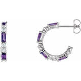 Amethyst & Diamond Baguette Hoop Earrings in Gold and Platinum