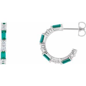 Emerald & Diamond Baguette Hoop Earrings in Gold and Platinum