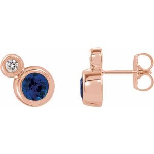 Blue Sapphire & Diamond Round Bezel-Set Stud Earrings in Gold and Platinum