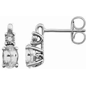 White Sapphire & Diamond Oval Stud Earrings in Gold and Platinum
