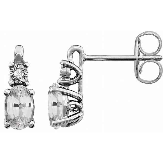 White Sapphire & Diamond Oval Stud Earrings in Gold and Platinum