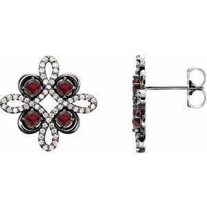 Mozambique Garnet & Diamond Round Clover Stud Earrings in Gold and Platinum
